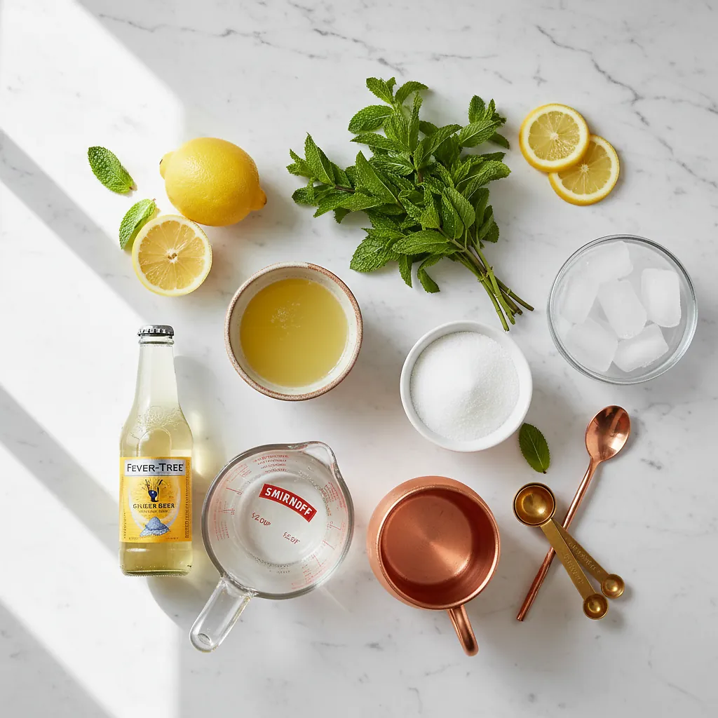 Sweet Lemon and Mint Moscow Mule ingredients laid out on clean white counter