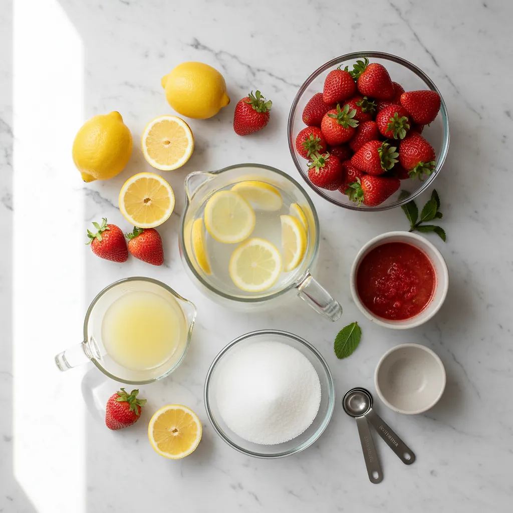 Strawberry Lemonade Mocktail Non-Alcoholic 2 Strawberry Lemonade Mocktail ingredients laid out on clean white counter