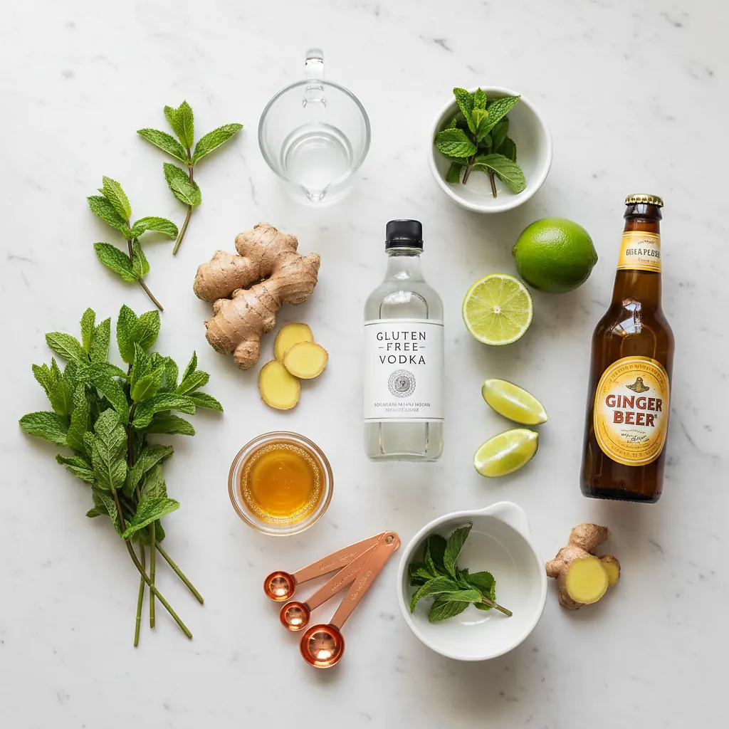 Moscow Mules Recipe with Mint Leaves Cocktail 2 Moscow Mules Recipe with Mint Leaves ingredients laid out on clean white counter