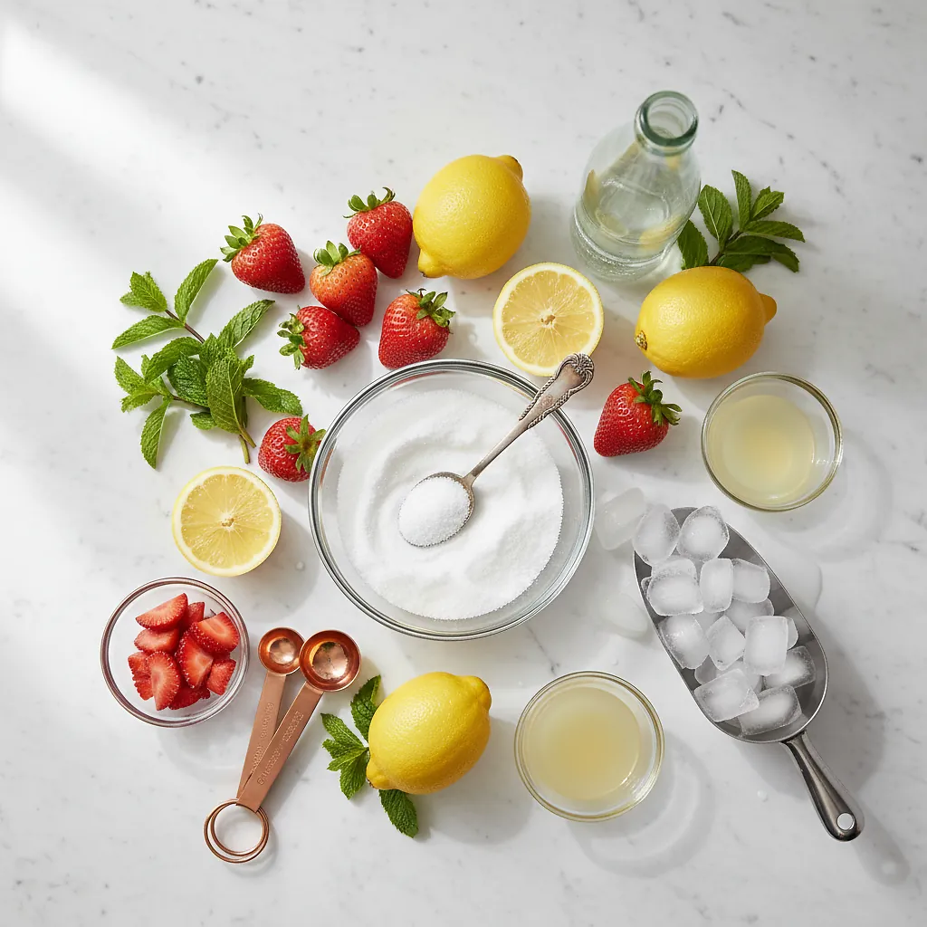Strawberry Lemonade Mocktail ingredients laid out on clean white counter