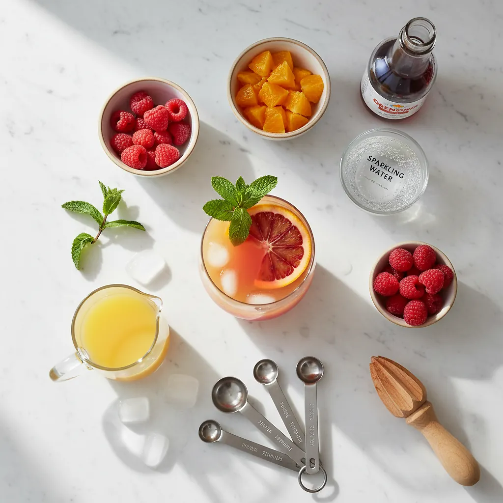 Sunrise Mocktail Recipe Sparkling Grenadine Mocktails 2 Sunrise Mocktail Recipe ingredients laid out on clean white counter