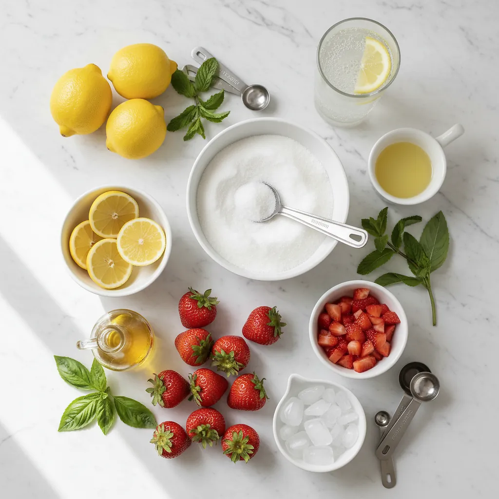 Best Strawberry-Lemonade Shrub 2 Strawberry-Lemonade Shrub ingredients laid out on clean white counter