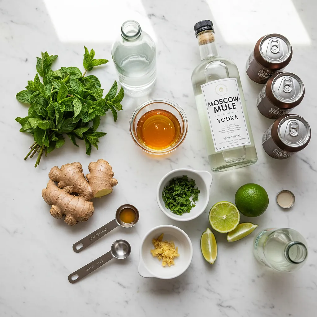 Moscow Mules Recipe with Mint Leaves ingredients laid out on clean white counter
