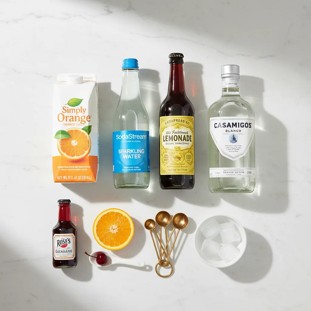 Sparkling Citrus Sunrise Recipe 2 Sparkling Citrus Sunrise ingredients laid out on clean white counter