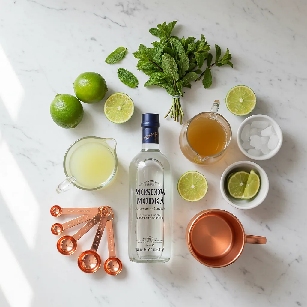 Classic Moscow Mule 2 Classic Moscow Mule ingredients laid out on clean white counter
