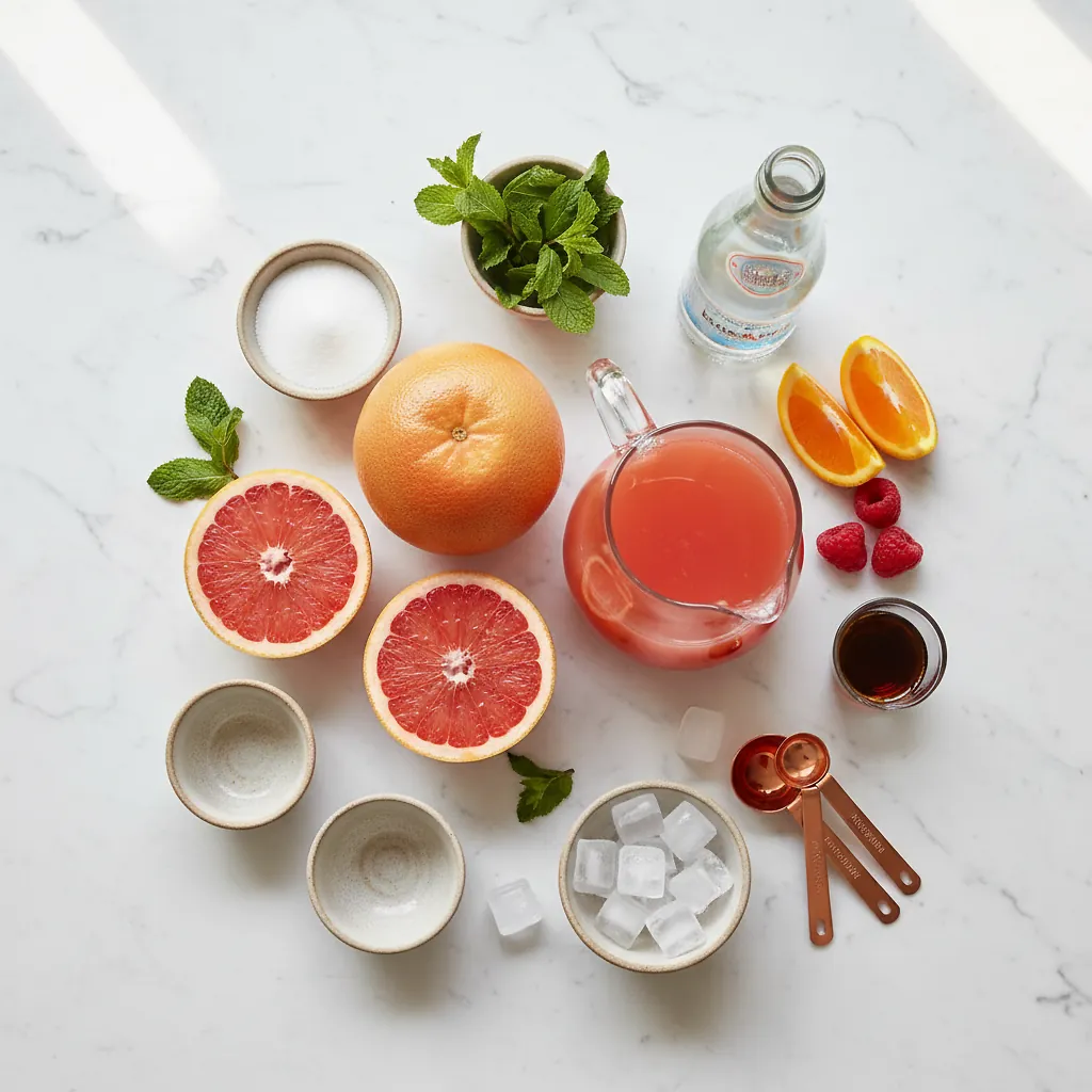 Sparkling Grapefruit Sunrise ingredients laid out on clean white counter