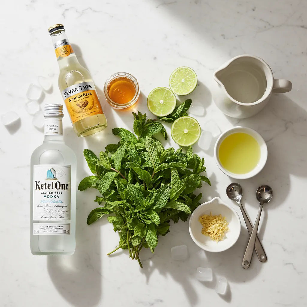 Moscow Mules Recipe with Mint Leaves ingredients laid out on clean white counter