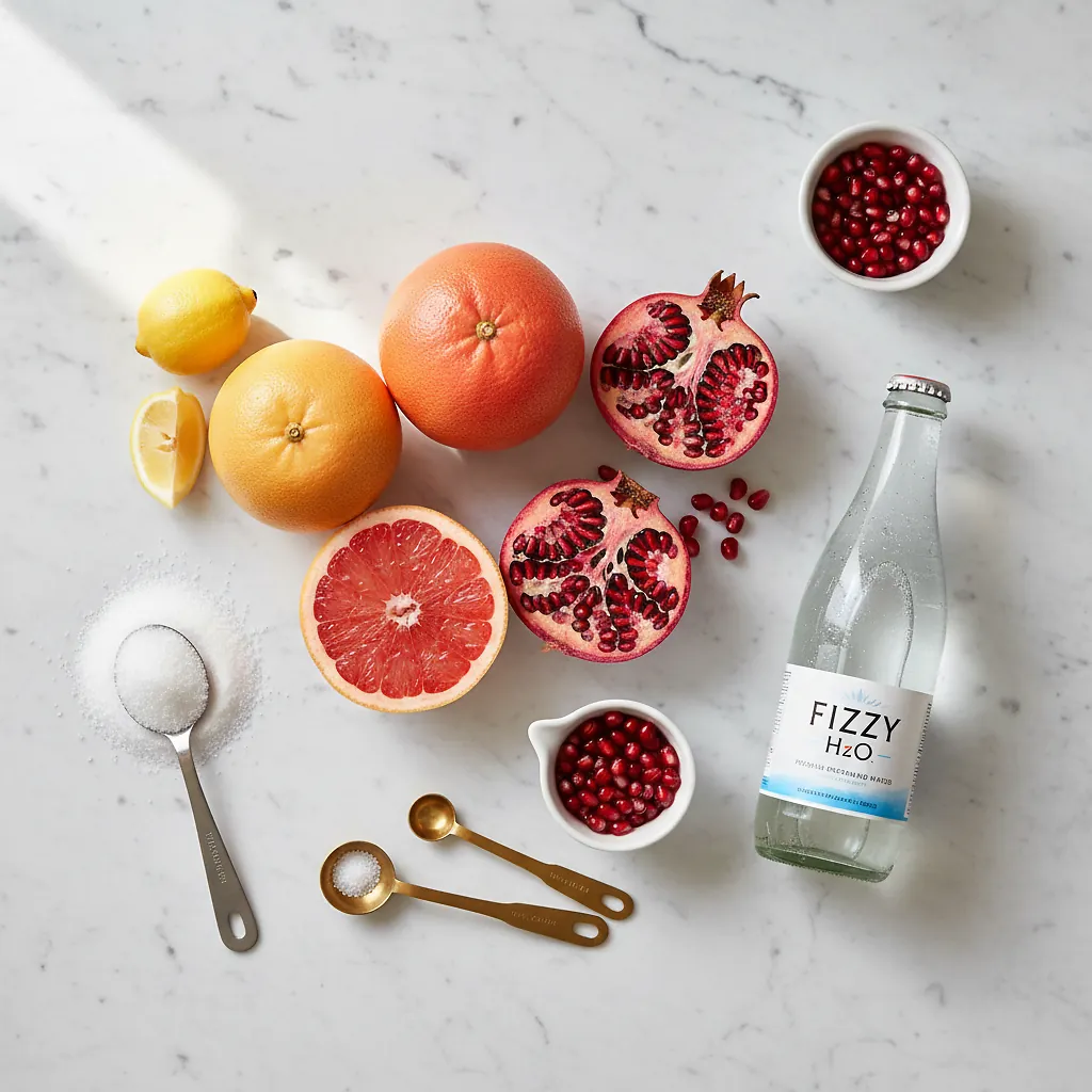 Sparkling Grapefruit Sunrise ingredients laid out on clean white counter
