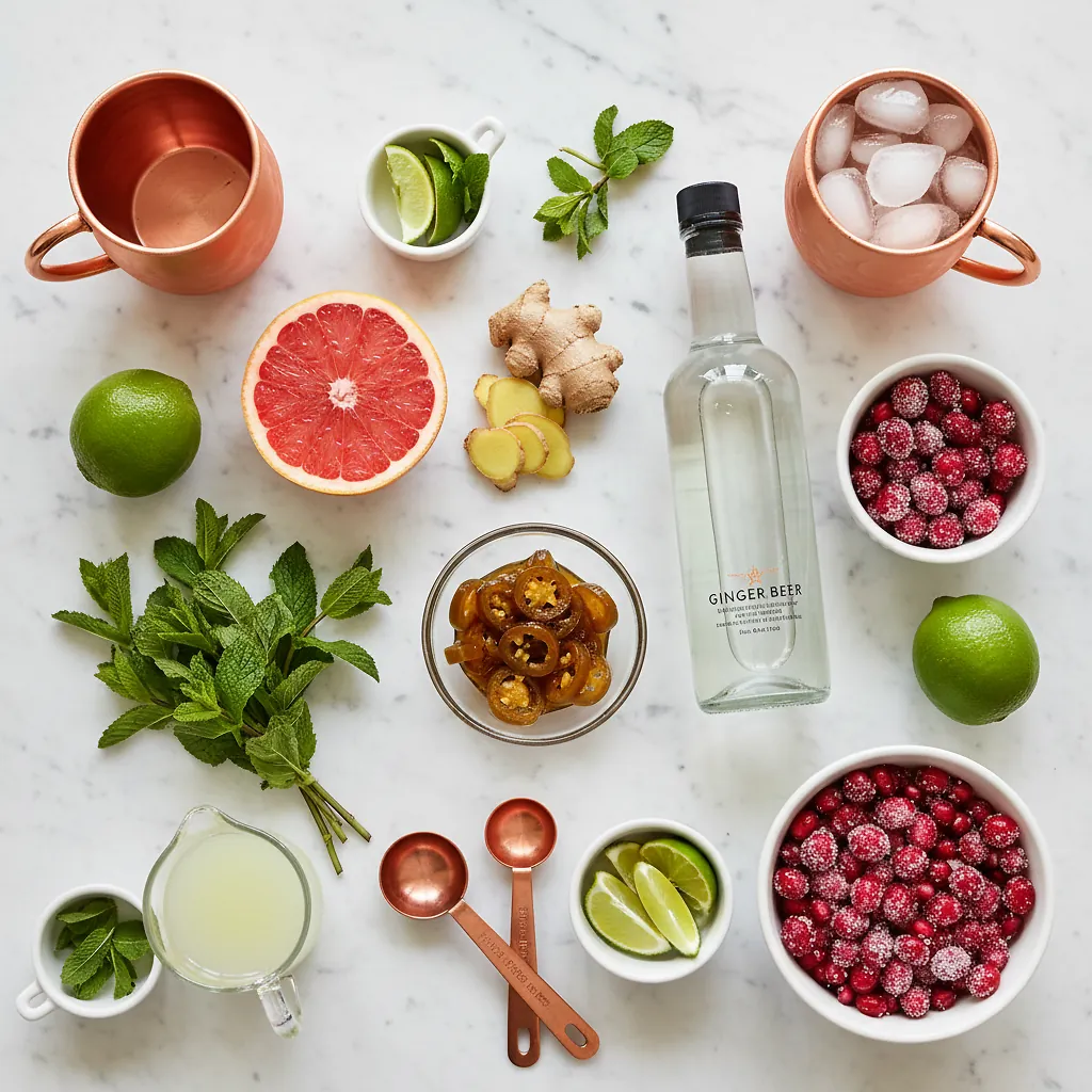 Frosted Spicy Ginger Moscow Mule 2 Spicy Elf Moscow Mule ingredients laid out on clean white counter