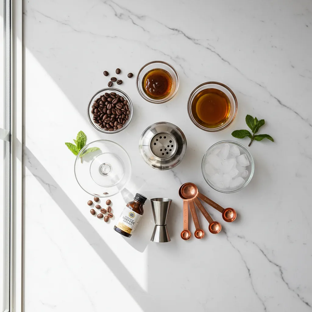 Espresso Martini Mocktail - Art From My Table 2 Espresso Martini Mocktail ingredients laid out on clean white counter
