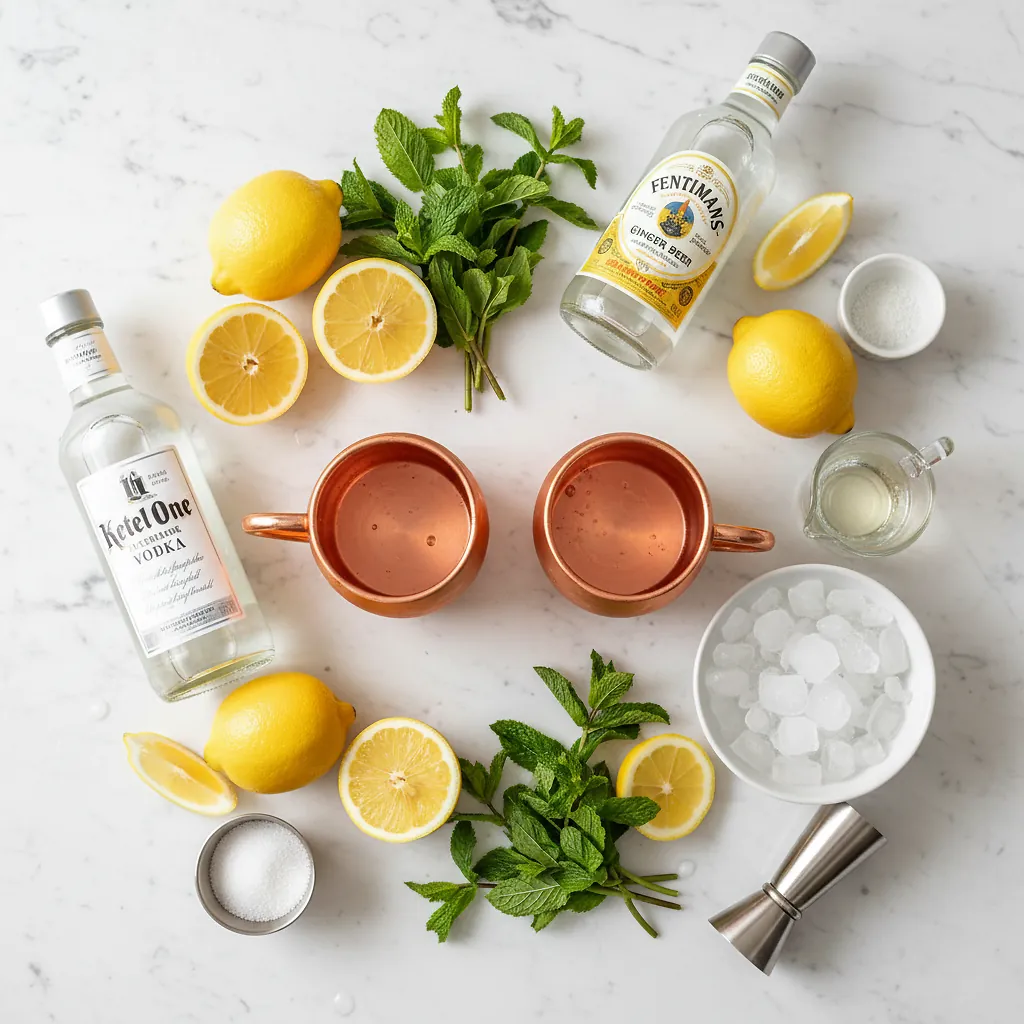 Sweet Lemon and Mint Moscow Mule ingredients laid out on clean white counter