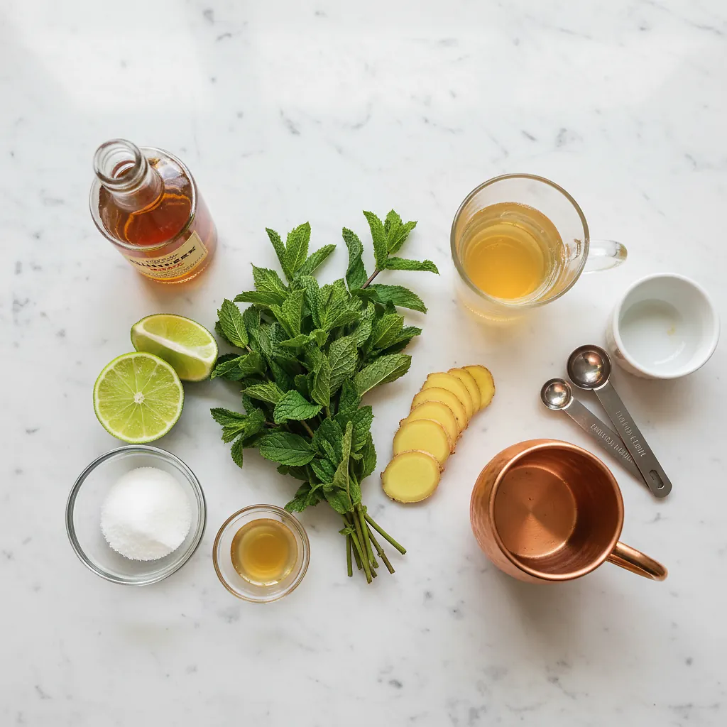 Ginger Mint Bourbon Mule 2 Ginger Mint Bourbon Mule ingredients laid out on clean white counter